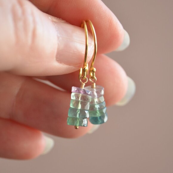 Fluorite Stack Earrings in Gold Vermeil - Hand Made in Canada - Picture 5 of 10